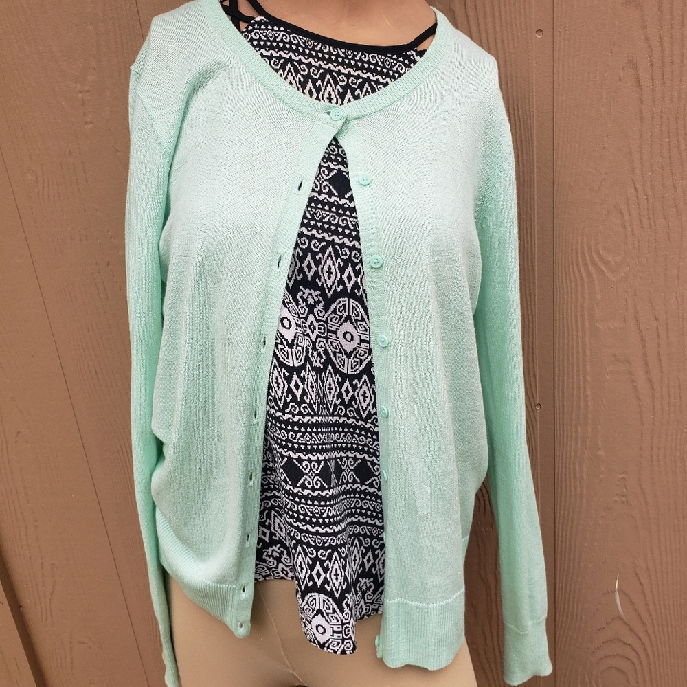 Torquise/ teal button-up sweater, crew/ scoop-neck